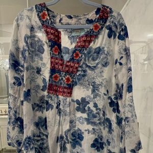 Johnny Was Blue and White Floral and Embroidery Dress